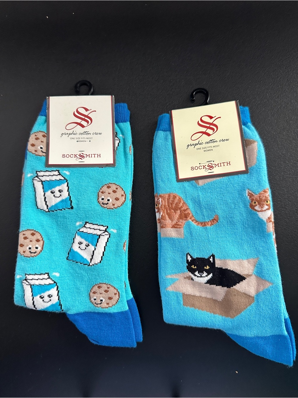 Women’s Novelty Socks 2 pair Lot- Milk & Cookies and Cats in boxes